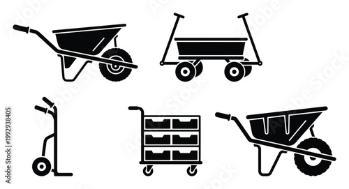 Set of black icons depicting diverse wheeled transport equipment like wheelbarrows and utility carts.
