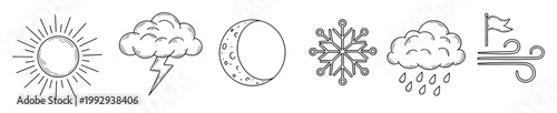 Outline weather conditions icons featuring sun moon storm rain snow and wind for climate report and mobile application interfaces