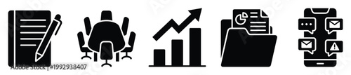 Modern business and office activity icons for comprehensive corporate strategy, data analysis, and digital workflow applications
