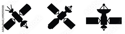 Modern communication satellites silhouette icons representing space technology and global connectivity for digital projects