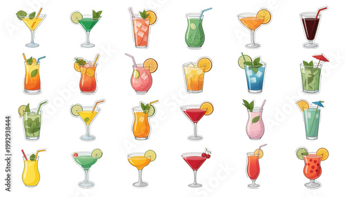 Cocktail Drinks Collection Vector Icons, Isolated Transparent Background for Bar Menu and Beverage App Design
