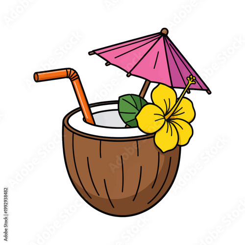 Coconut Cocktail Drink with Straw and Umbrella, Tropical Beverage Illustration, Isolated Transparent Background