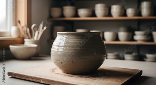 Freshly thrown clay pot on a wooden board in a pottery workshop with ceramic vessels on shelves in the background