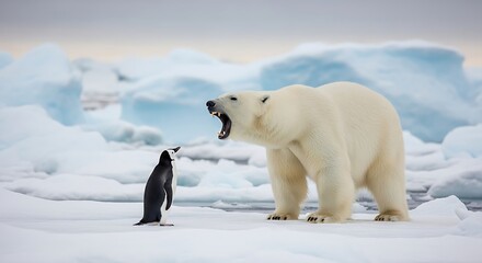 Polar bear roars at penguin on snowy landscape with icebergs