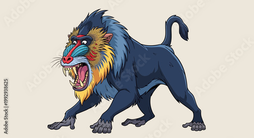 Angry Mandrill Baboon Cartoon Illustration with Big Teeth