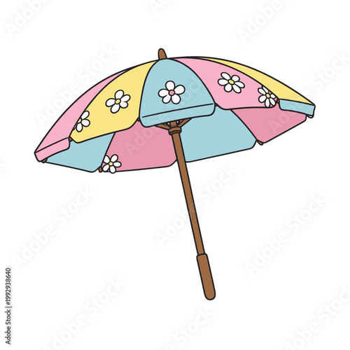 Colorful Beach Umbrella with Daisy Pattern Vector Illustration, Isolated Transparent Background for Summer Vacation and Resort Design