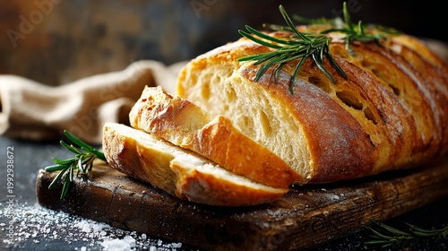 A delicious loaf of bread with rosemary on a wooden cutting board