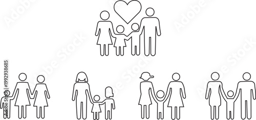 Family and parents with children vector icon set, different types of family