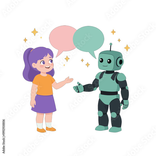 Girl with Purple Hair Shaking Hands with Friendly Robot, Vector Illustration Isolated on Transparent Background for Education and Tech Use