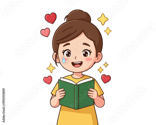 Girl Reading Book with Happy Expression, Cartoon Illustration Isolated on Transparent Background