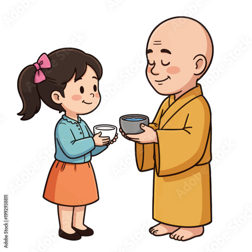 Girl Offering Tea to Monk in Traditional Robes, Isolated Vector Illustration for Mindfulness and Cultural Exchange Concept