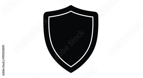 A simple black shield icon with a white border isolated on white