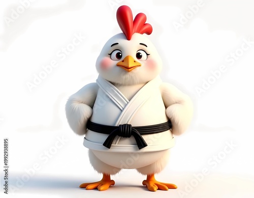 Cute Chicken Karate Master Wearing White Kimono and Black Belt