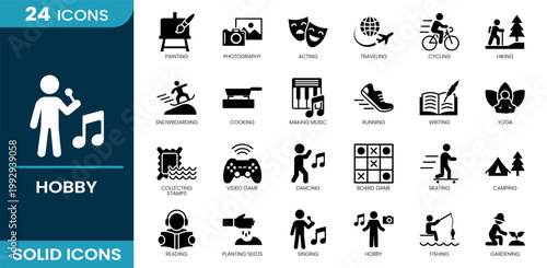 Hobby icon set. Photography, painting, traveling, music, gaming, yoga, camping, reading, fishing, gardening. Solid vector icons.