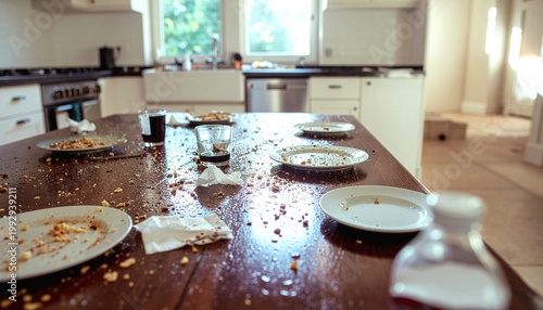 A realistic scene capturing a messy table right after fast eating, with visible crumbs and spills scattered across the surface