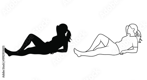 Two reclining women in contrasting silhouettes one dark one light