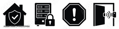 Home security, data protection, warning, and access control icons for digital safety solutions and applications
