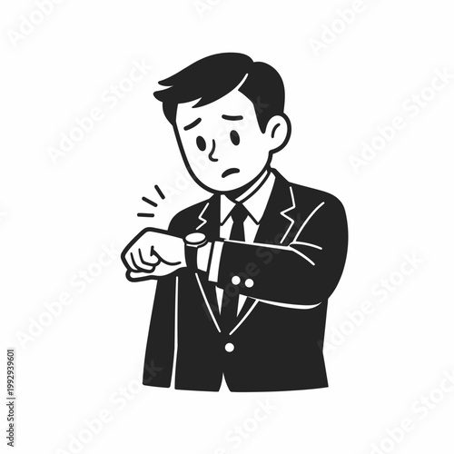 Frustrated businessman looking at his watch, worried about being late for an important meeting