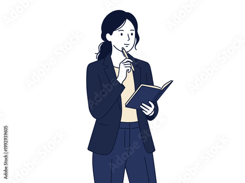 Thoughtful businesswoman in a suit holding a notebook and pen, contemplating ideas