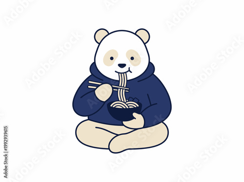 Cute cartoon panda character enjoying a delicious bowl of noodles with chopsticks in a cozy, relaxed moment, perfect for food and animal-themed designs, on a clean white background