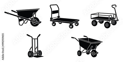 Collection of diverse utility carts hand trucks and wheelbarrows for material handling and transport applications