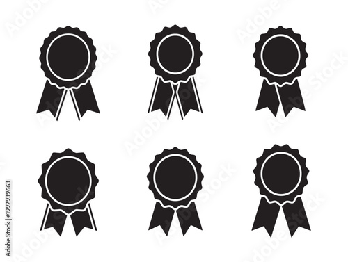 Six black ribbon award badges vector illustration with flat design style