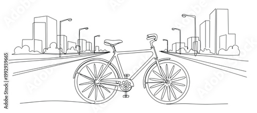 Single line drawing of a bicycle on a road with city buildings for urban mobility or ecofriendly themes