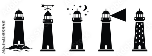 Lighthouse silhouette icons depicting marine navigation and coastal guidance for sea and travel graphic design