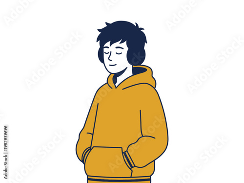 Young man with headphones enjoying music with eyes closed and a relaxed expression, wearing a hoodie