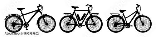 Bicycle rental icon set with solid black icon on white background featuring bicycle, rental, iconography with single color and minimal style