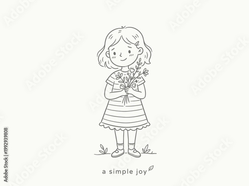 Little girl with a bouquet of flowers, a simple joy illustration