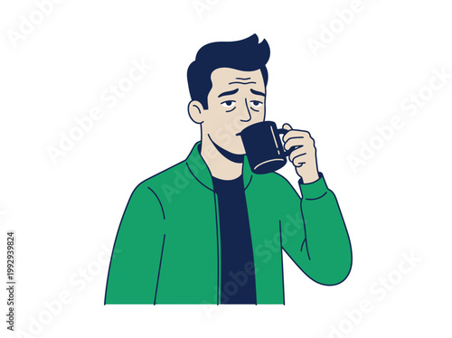 Man drinking from a mug, looking tired with droopy eyes, wearing a green jacket