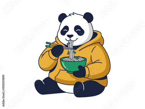 Cute cartoon panda wearing a hoodie happily eating noodles with chopsticks from a green bowl, illustration