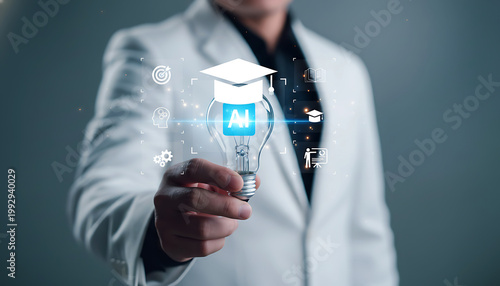 Professional holding glowing digital icon representing business technology.