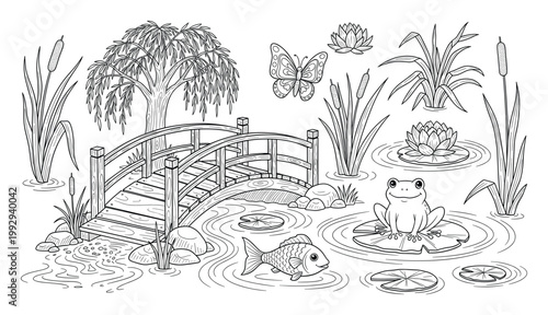 Peaceful pond scene with a wooden bridge, frog, fish, and willow tree for childrens coloring pages.