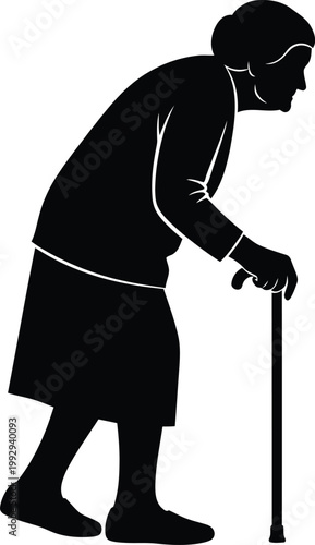 Black silhouette of an elderly woman with a cane walking slowly old woman senior walking stick