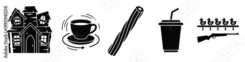 Graphic black icons featuring haunted house, swirling coffee cup, churro, soda, and carnival shooting game targets for various applications.