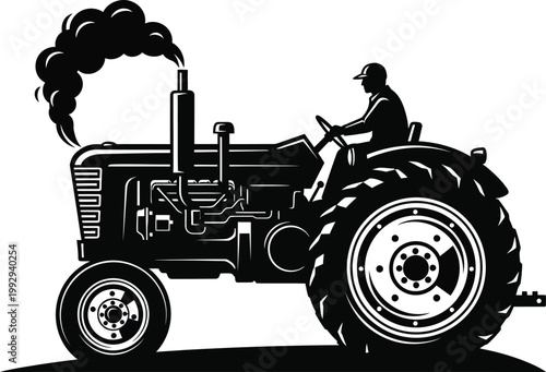 Silhouette of a farmer driving a vintage tractor emitting smoke from exhaust