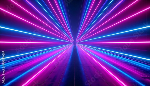 Futuristic neon light trails in motion on dark background.