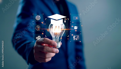 Digital interface concept with glowing icons and modern technology.