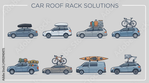 Car Roof Rack Systems Set with Cargo Boxes, Bike Carriers, and Luggage Storage Illustration