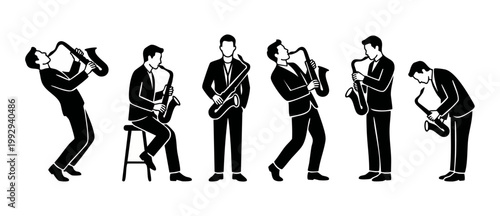 Saxophone player silhouette set, jazz musician characters in various poses playing wind instrument, isolated black icon collection for music performance design, vector illustration on white background