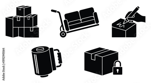 Moving and packing logistics related glyph icons collection for transportation and storage service applications
