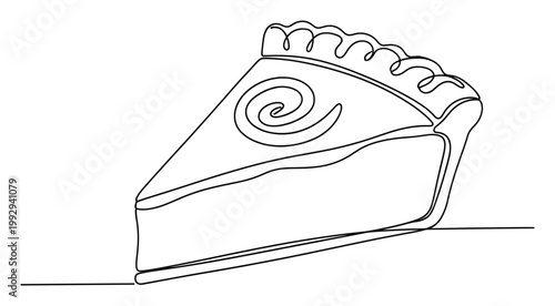 Continuous line drawing of a delicious dessert pie slice with a decorative crust and swirl for food related content