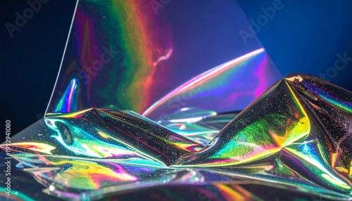 Iridescent abstract metallic surface with fluid rainbow reflections.