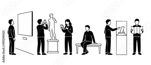 People Visiting Art Museum Gallery Line Art Illustration Set of museum visitors looking at paintings, statues, and reading exhibition guides in a contemporary cultural exhibition space black and white