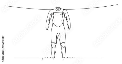 Continuous line drawing of a wetsuit drying on a clothesline, perfect for surf shop promotions or water sport event materials.