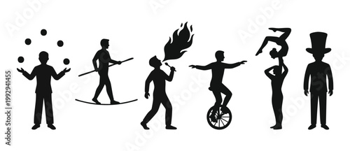 Circus performers silhouette set, juggling tightrope fire breather unicycle acrobat magician icons. Collection of carnival show artists vector illustrations on white background for entertainment event
