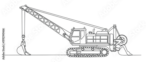 Detailed line drawing of a dragline excavator, ideal for construction engineering schematics and industrial equipment design