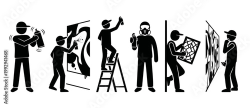 Graffiti Artist Icon Set Spray Paint People Painting Street Art Murals Isolated Black Symbols Collection Vector Illustrations for Creative Urban Design Projects Featuring Creative Vandalism Characters